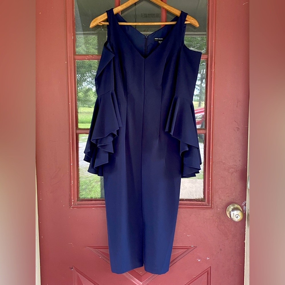 Maggy London Blue Ruffled Cold Shoulder Sheath Dress